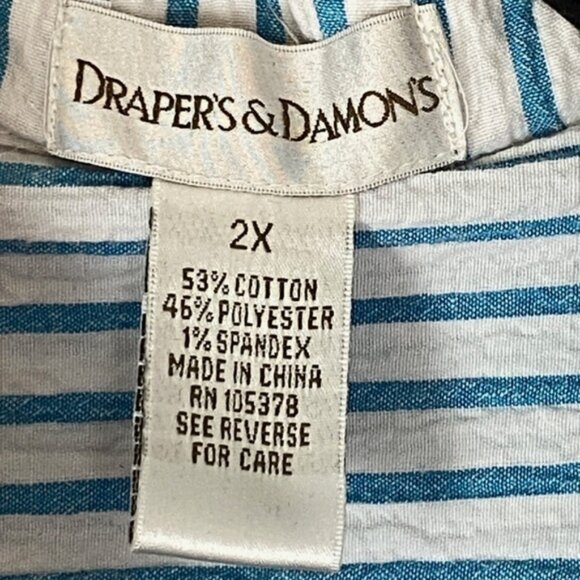 Drapers & Damon Top Womens 2X Button Up Roll Tab Sleeves Striped Blue Textured - Picture 6 of 8